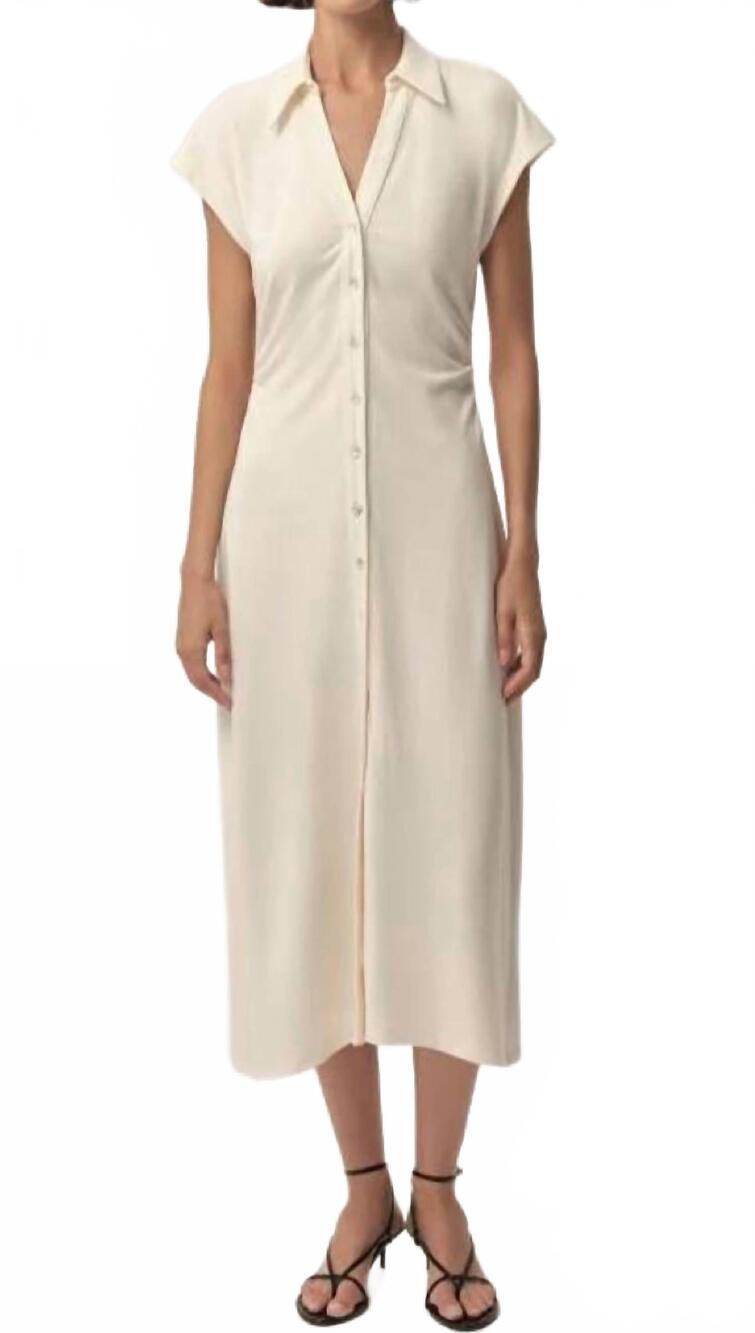 NEW EXQUISE ursula collared gathered waist knit midi dress in bone